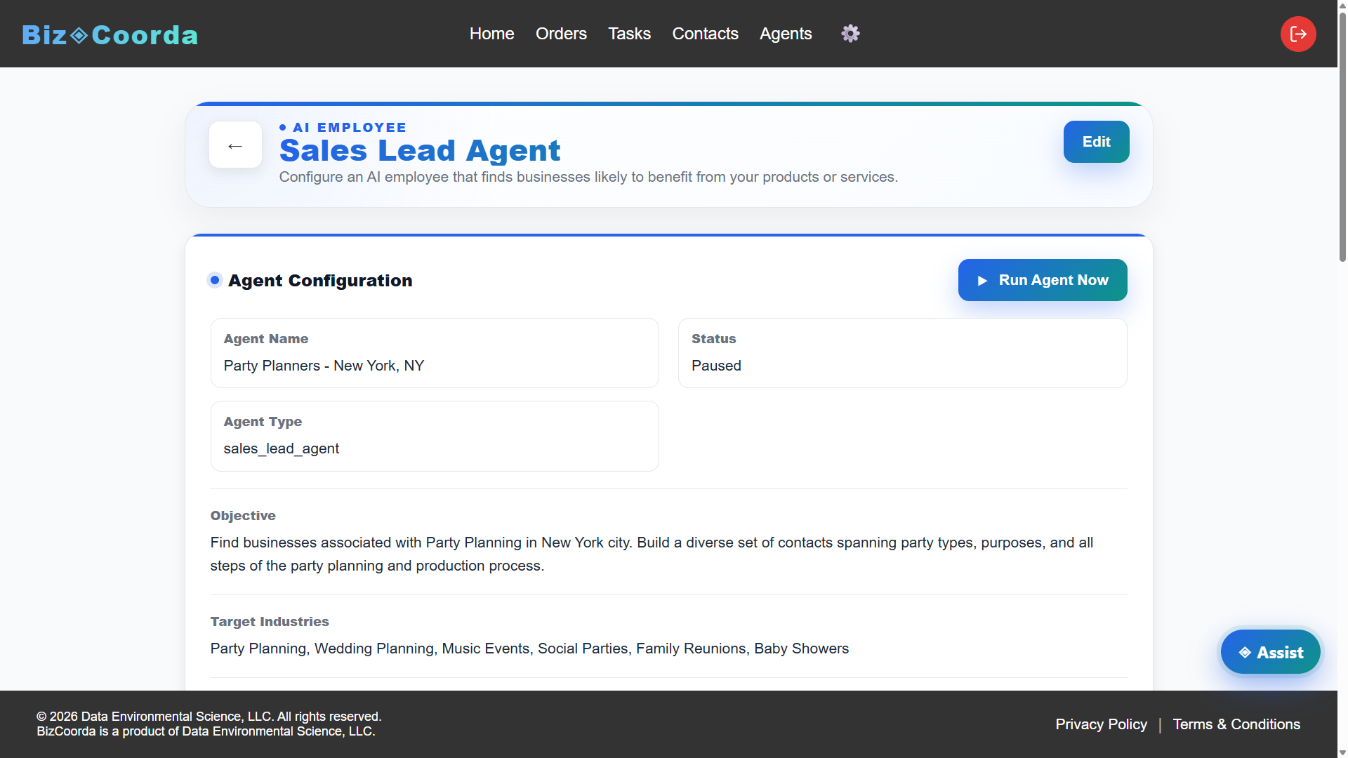 BizCoorda lead generation software configuration showing target industries and qualification rules.